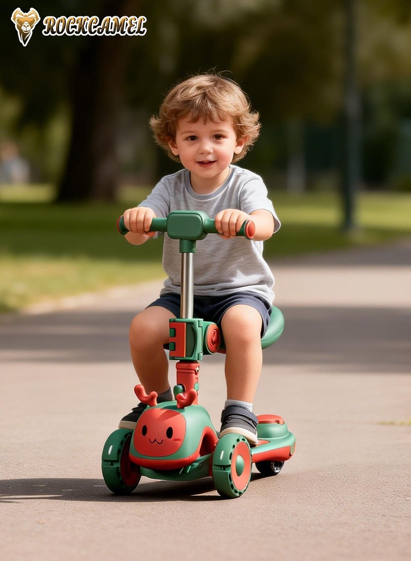 ROCKCAMEL 2 in 1 Kids Kick Scooter, Foldable Scooter with LED Lighted Wheels and 4-Level Adjustable Height Handlebars, Widen Anti-Slip Deck, Sensitive Brakes, Kids Toys for Boys & Girls Ages 1-12, Green - Image 2